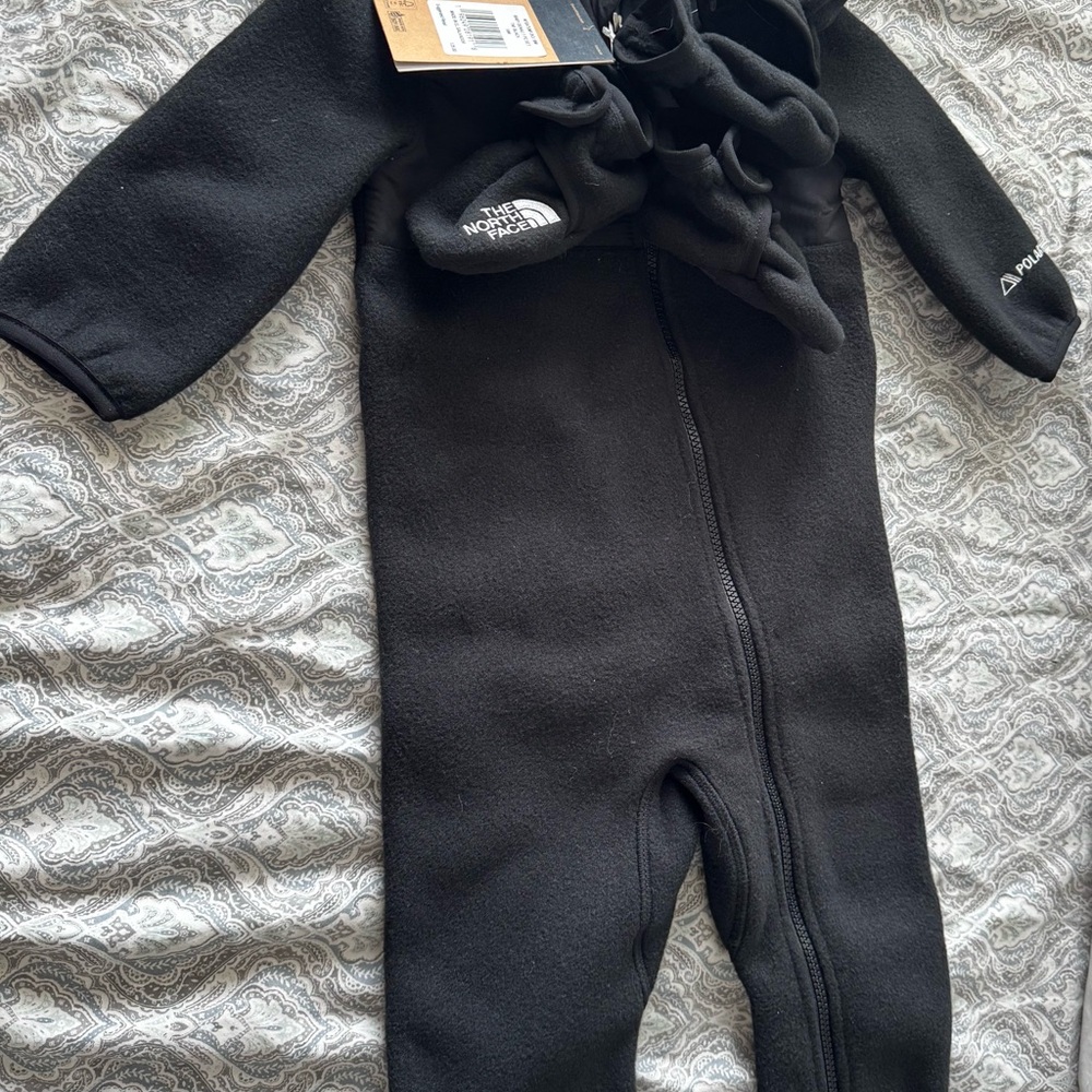 The North Face Black Fleece Kids Footie One Piece with mittens and booties